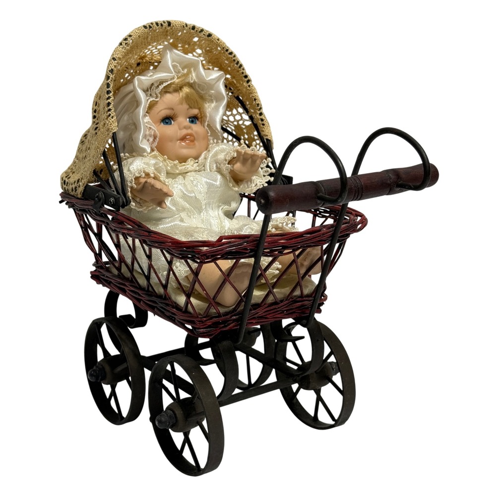 DanDee Collectors Choice Porcelain Baby Doll in Wicker Pram Vintage Collectible‎